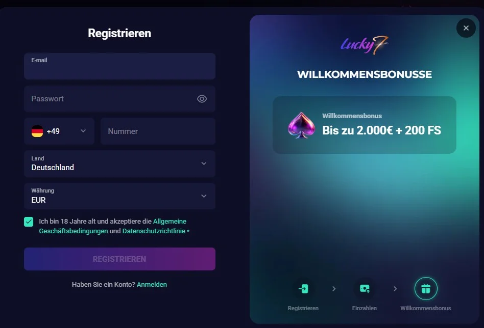 Lucky7even Casino Registrierung